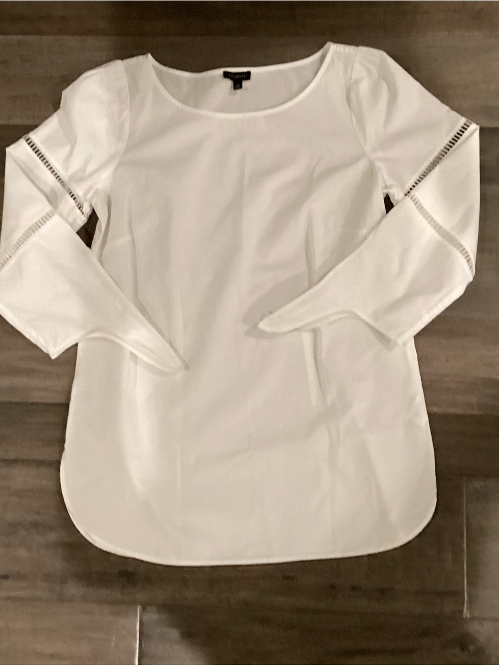 Talbots Tie Detail Poplin Top White Bateau Neck Ladder Trim 3/4 Sleeve Sz XS